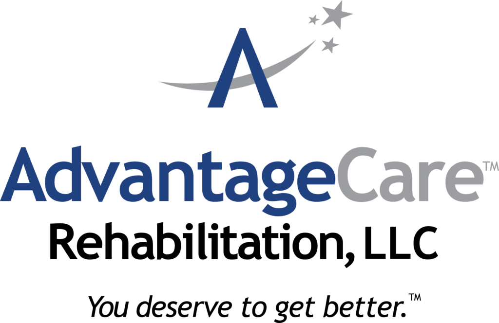a blue and white logo for advantage care