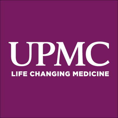a logo for upmc on a purple background