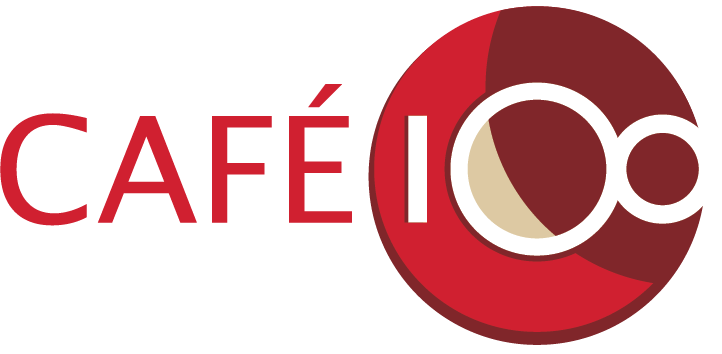 a red and white logo for cafe 100