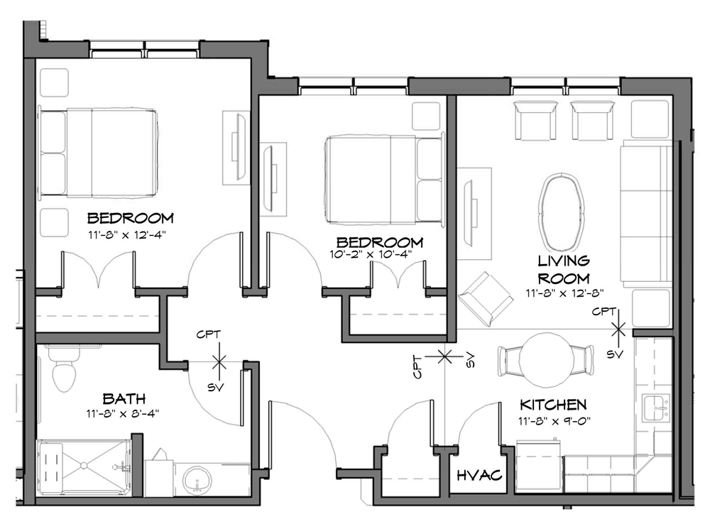 a black and white floor plan of a bedroom and living room