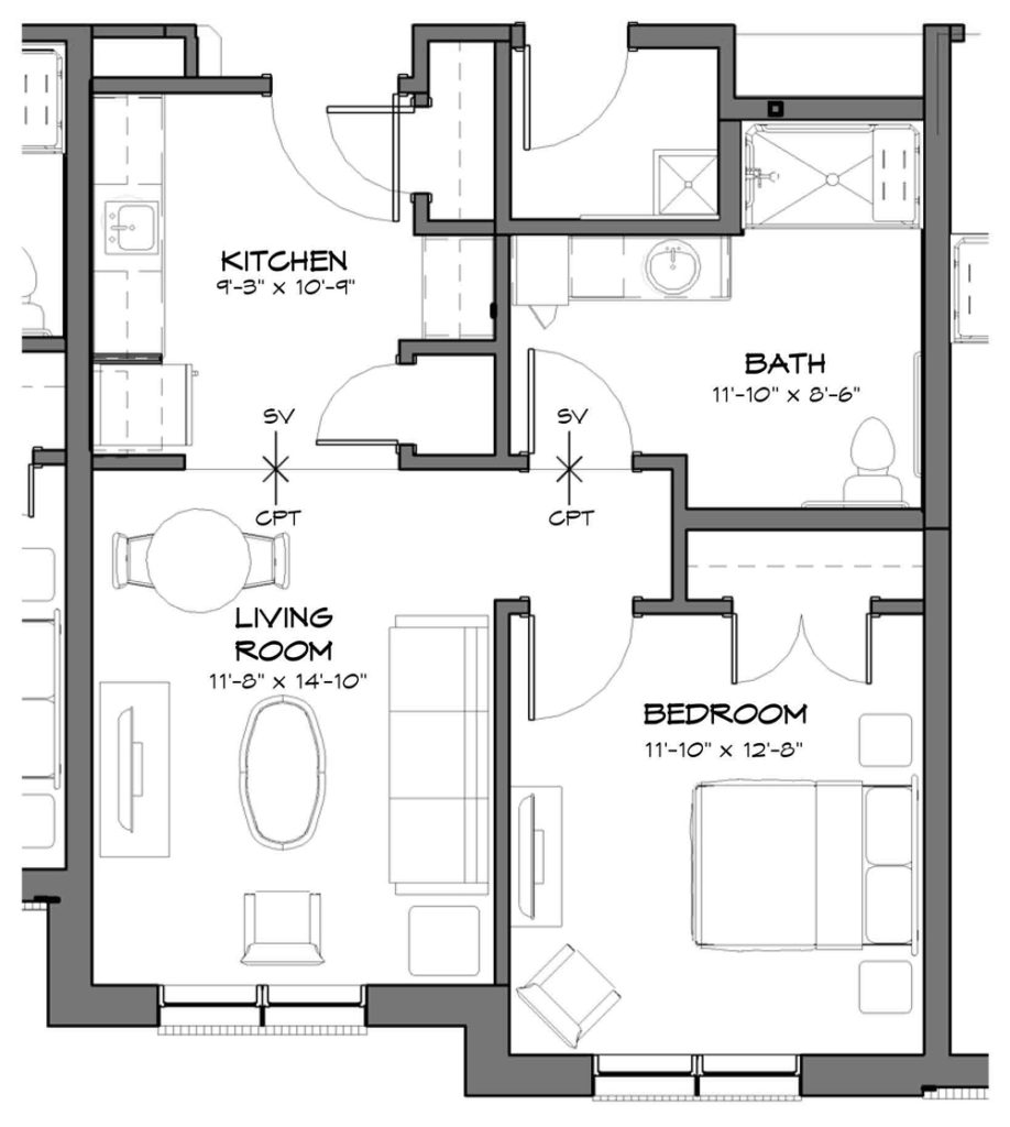 a black and white floor plan shows a living room and a bedroom