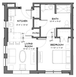 a black and white floor plan of a bedroom and living room