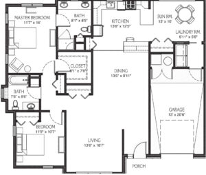 Floor Plan of the Northampton which features two bedrooms, two baths, a garage, a sunroom, and a laundry room.
