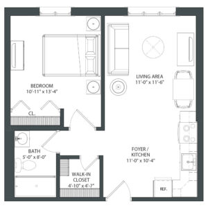 The Dauphin floor plan which features one bed, one bath, and a walk-in closet
