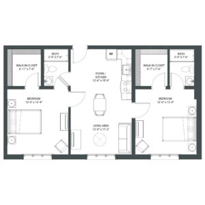 The Erie floor plan that has two bedrooms, two baths, and a two walk-in closets