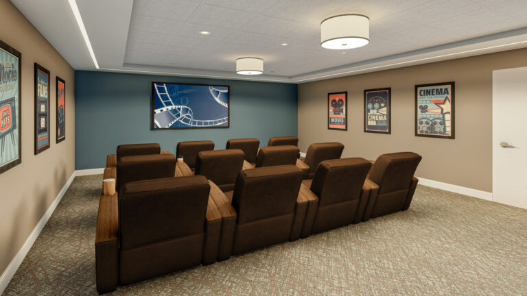 The movie room at Messiah Lifeways features 12 seats and movie posters