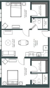 Floor plan of Erie that features two bedrooms. two bathrooms, and two walk-in closets